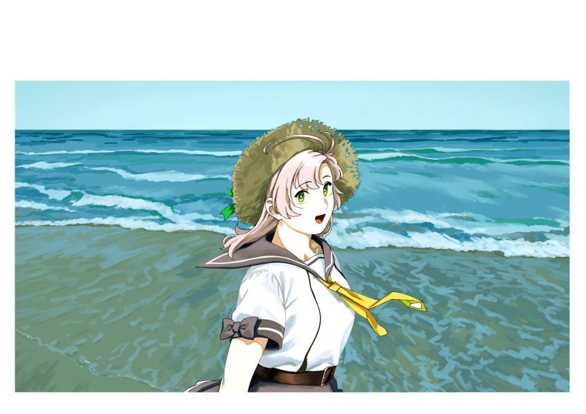 1girl absurdres antenna_hair beach blue_sky commentary_request day green_eyes grey_background grey_sailor_collar hat highres horizon kantai_collection kinugasa_(kancolle) kinugasa_kai_ni_(kancolle) looking_at_viewer medium_hair neckerchief ocean ojipon outdoors sailor_collar simple_background sky smile solo straw_hat upper_body waves yellow_neckerchief