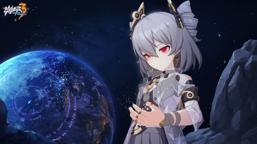 1girl bangs closed_mouth drill_hair dust dying earrings earth_(planet) eyebrows_hidden_by_hair grey_hair highres honkai_(series) honkai_impact_3rd jewelry logo looking_at_hand official_art official_wallpaper planet prometheus_(honkai_impact) red_eyes short_hair solo space upper_body