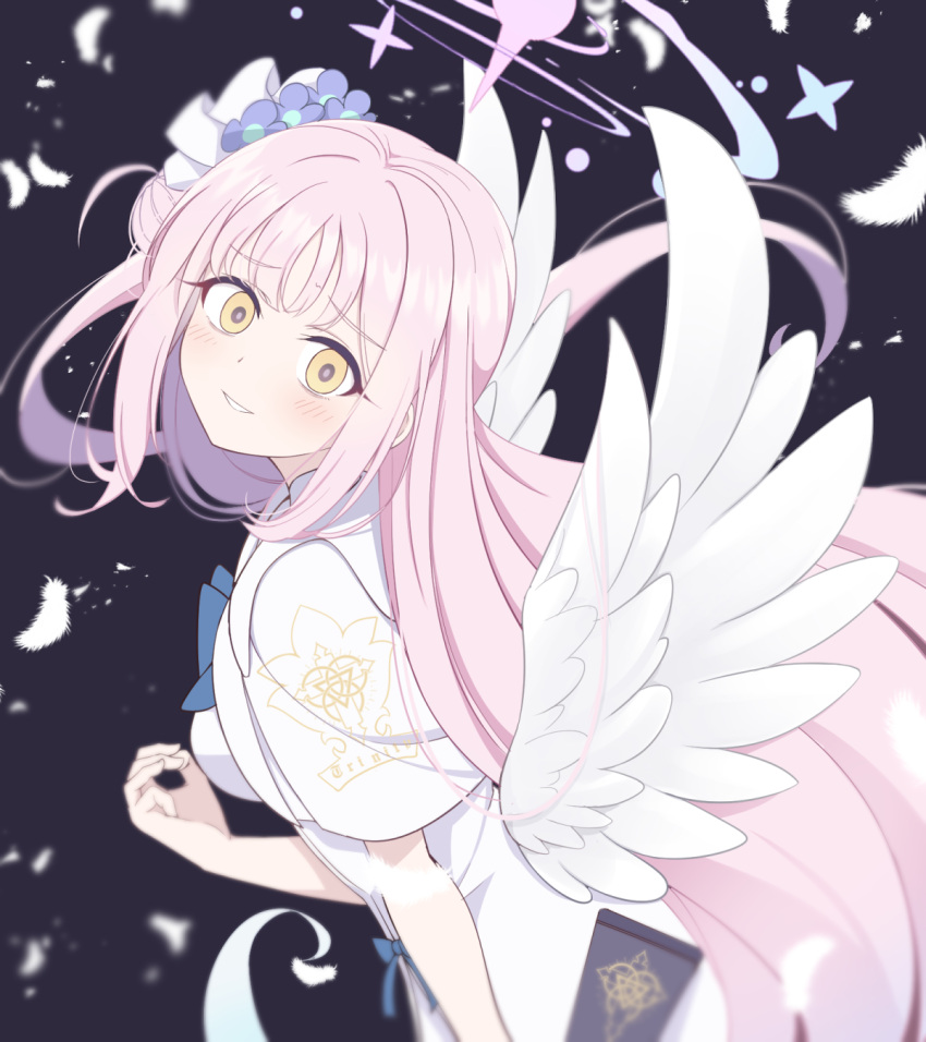 1girl angel_wings bangs blue_archive blue_bow blunt_bangs blush bow capelet commentary_request crazy crazy_eyes crazy_grin dress feathered_wings feathers flower from_side gun hair_bun hair_flower hair_ornament halo head_tilt highres hoshino_ouka lanchester_smg long_hair looking_at_viewer looking_to_the_side mika_(blue_archive) one_side_up pink_hair school_uniform sidelocks simple_background single_side_bun smile solo submachine_gun turtleneck_dress weapon white_dress window wings yellow_eyes