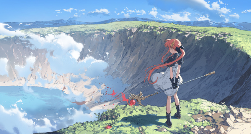 1girl absurdres arms_behind_back black_footwear black_gloves bow clouds dress from_behind gloves grass hair_bow hair_ornament highres hirooka_masaki holding holding_wand landscape long_hair mountainous_horizon nature original outdoors pink_hair ponytail rock scenery sidelocks sky solo standing wand water wide_shot