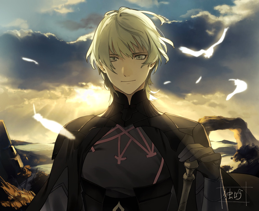 1boy armor bangs black_armor black_gloves byleth_(fire_emblem) byleth_(male)_(fire_emblem) closed_mouth clouds commentary_request doku_gin1126 enlightened_byleth_(male) feathers fire_emblem fire_emblem:_three_houses floating_hair gloves green_eyes green_hair highres holding holding_weapon looking_at_viewer male_focus outdoors short_hair signature sky smile solo sunlight weapon
