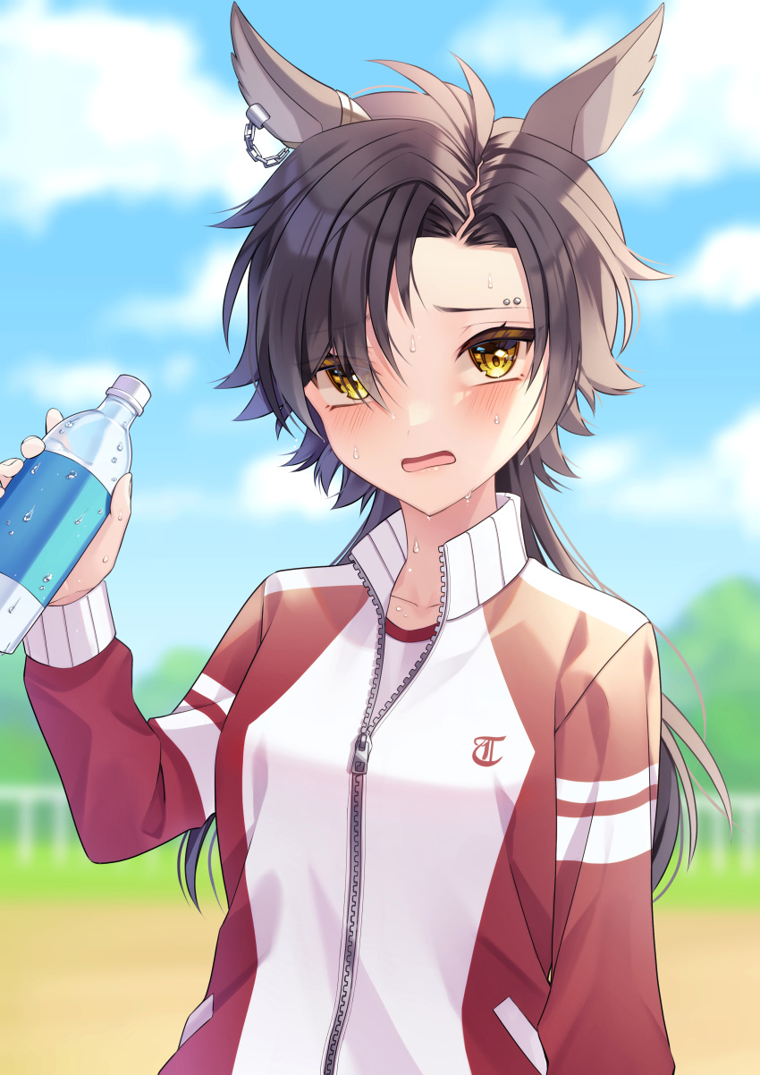 1girl absurdres air_shakur_(umamusume) animal_ears bangs be_imaro blue_sky blurry blurry_background bottle breasts brown_eyes brown_hair clouds cloudy_sky commentary_request day depth_of_field eyebrow_piercing eyes_visible_through_hair gym_shirt hair_over_one_eye highres holding holding_bottle horse_ears jacket long_hair long_sleeves looking_at_viewer open_mouth outdoors piercing red_jacket shirt sky small_breasts solo sweat tracen_training_uniform track_jacket umamusume upper_body water_bottle white_shirt