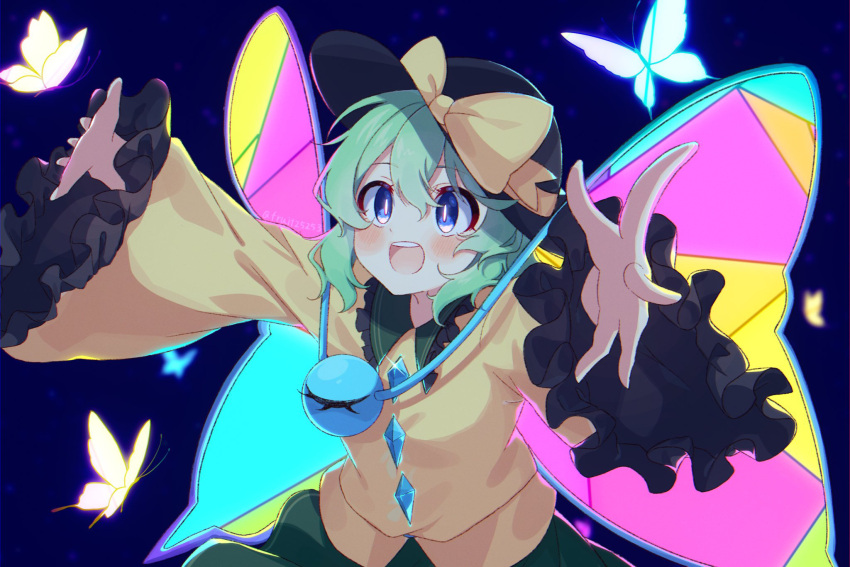 1girl :d black_headwear blouse blue_background blue_butterfly blue_eyes blush bow bright_pupils bug butterfly butterfly_wings buttons commentary diamond_button frilled_shirt_collar frilled_sleeves frills green_hair green_skirt hair_between_eyes hat hat_bow highres komeiji_koishi kudamono25253 long_sleeves looking_at_animal medium_hair open_mouth outstretched_arms shirt skirt smile solo teeth touhou twitter_username upper_body upper_teeth_only white_pupils wide_sleeves wings yellow_bow yellow_butterfly yellow_shirt