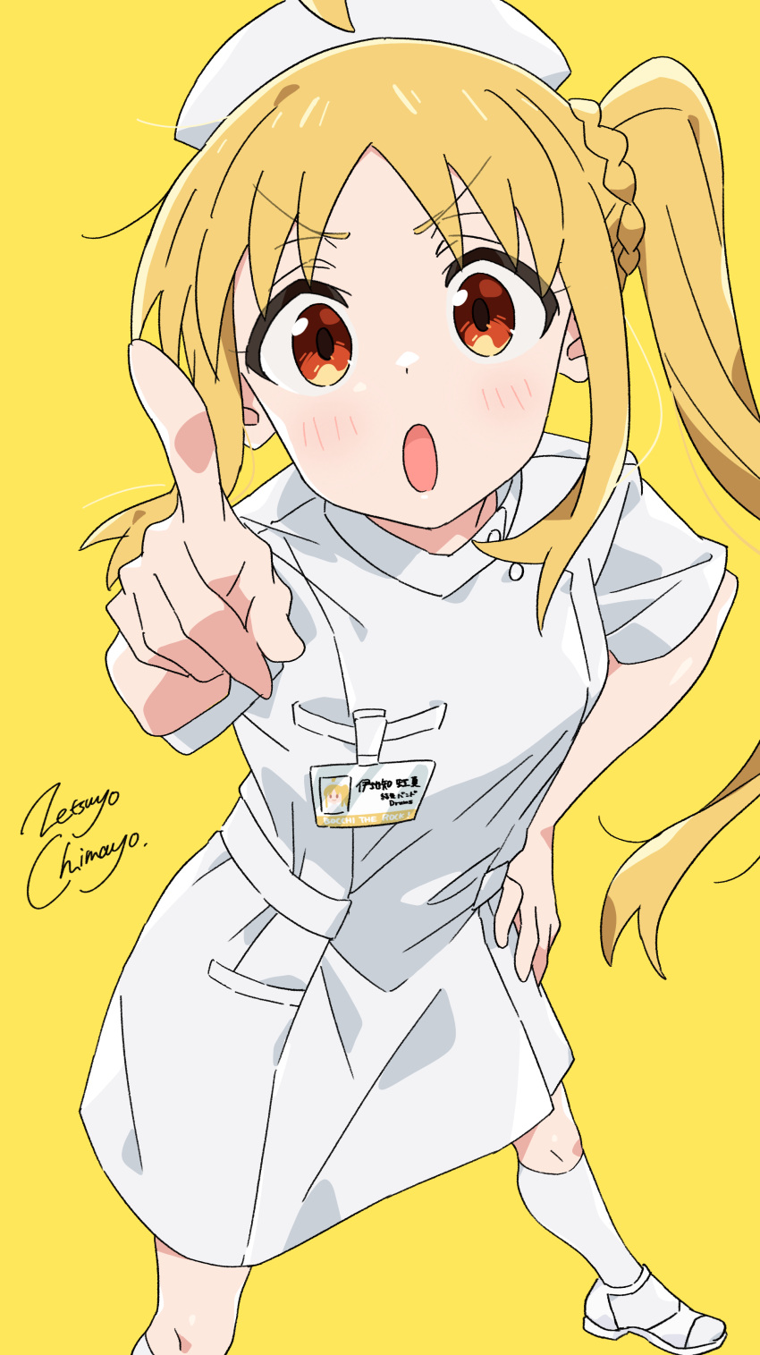 1girl absurdres alternate_costume artist_name bangs blonde_hair blush bocchi_the_rock! brown_eyes commentary dress hand_on_hip hat highres id_card ijichi_nijika long_hair looking_at_viewer nurse nurse_cap open_mouth parted_bangs pointing pointing_at_viewer short_sleeves side_ponytail socks solo white_dress white_footwear white_headwear white_socks yellow_background zetsuyo_chimayo