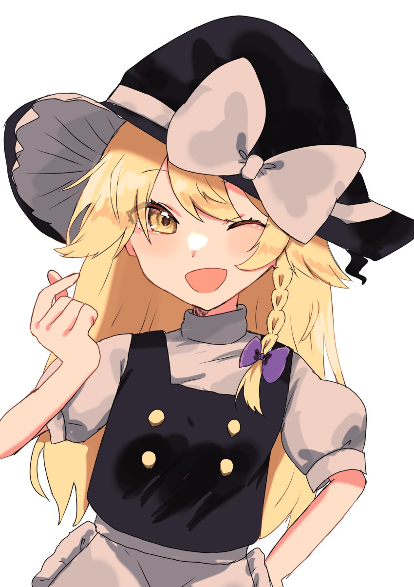 07_nagii 1girl ;d apron black_headwear blonde_hair blush bow braid finger_heart hand_on_hip hat hat_bow highres kirisame_marisa long_hair one_eye_closed open_mouth puffy_sleeves short_sleeves smile solo touhou witch_hat yellow_eyes
