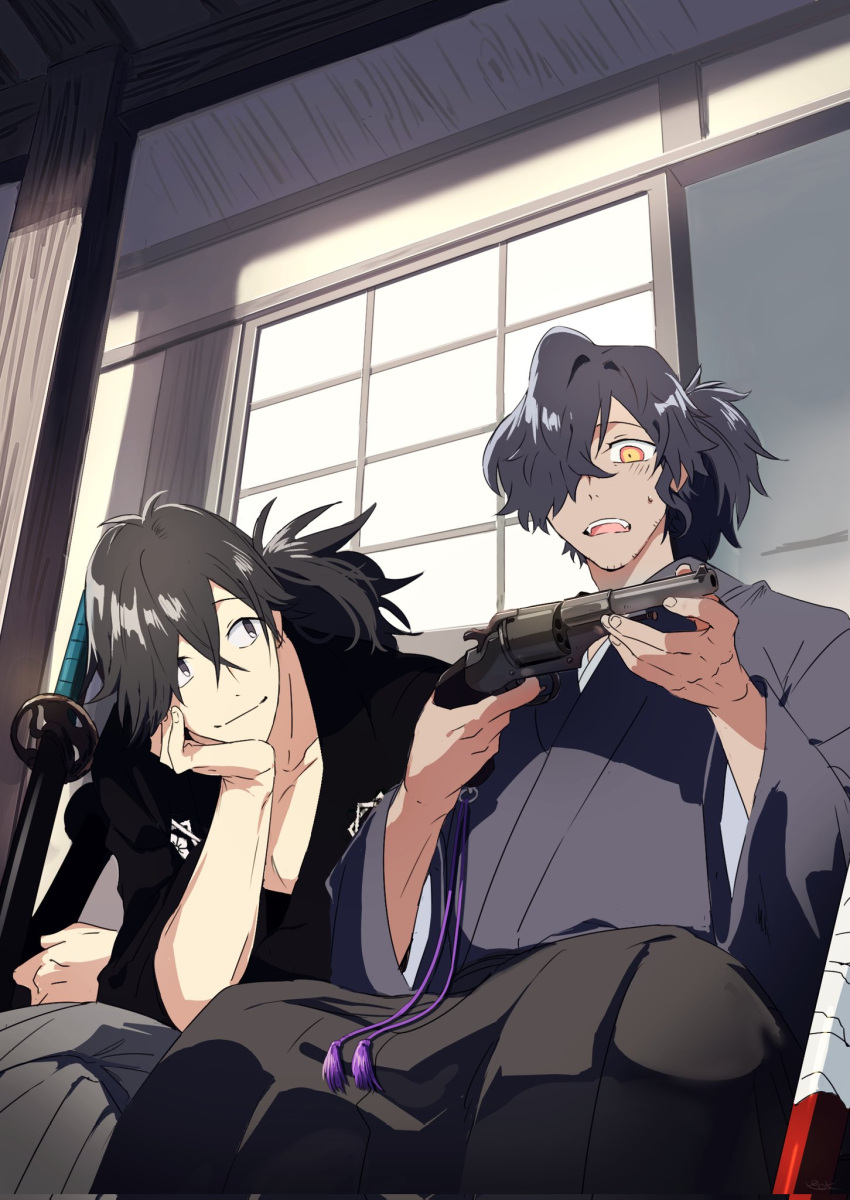 2boys awestruck bangs black_eyes black_hair black_hakama black_kimono commentary crossed_bangs facial_hair fangs fate/grand_order fate_(series) feet_out_of_frame finger_on_trigger grey_hakama grey_kimono gun hair_between_eyes hair_over_one_eye hakama hand_on_own_cheek hand_on_own_face head_rest highres holding holding_gun holding_weapon japanese_clothes katana kimono light_blush looking_at_another looking_at_object low_ponytail male_focus multiple_boys okada_izou_(fate) open_mouth orange_eyes pirohi_(pirohi214) ponytail revolver sakamoto_clan_(emblem) sakamoto_ryouma_(fate) sakamoto_ryouma_(lancer)_(fate) sheath sheathed shouji sitting sliding_doors smile stubble sword symbol-only_commentary tassel teeth upper_teeth_only veranda weapon