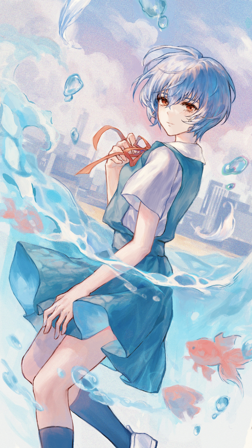 1girl absurdres air_bubble ayanami_rei bangs black_socks blue_dress bubble closed_mouth clouds dress fish foot_out_of_frame from_side guqinglan hand_up highres kneehighs looking_at_viewer neon_genesis_evangelion outdoors red_eyes red_ribbon ribbon school_uniform shirt shoes short_hair short_sleeves socks solo tokyo-3_middle_school_uniform wading water white_hood white_shirt