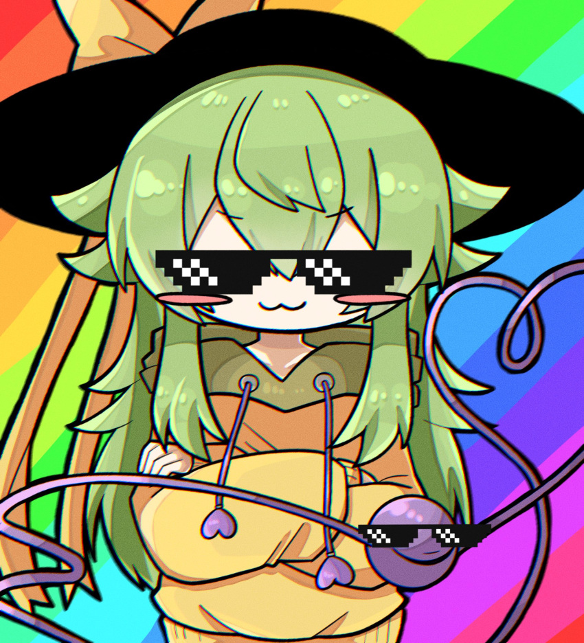 black_headwear blush bow green_hair highres hood hoodie komeiji_koishi mlg pixel_glasses rainbow_background touhou yellow_bow yellow_hoodie zunusama