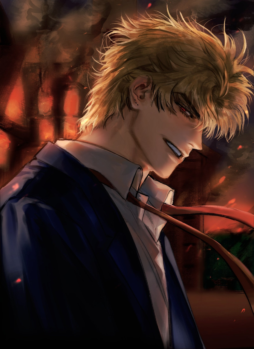 1boy blonde_hair blue_jacket dio_brando english_commentary evil_smile explosion fire highres jacket jojo_no_kimyou_na_bouken josukemanura looking_at_viewer male_focus muscular necktie outdoors phantom_blood redhead shirt short_hair smile solo teeth white_shirt