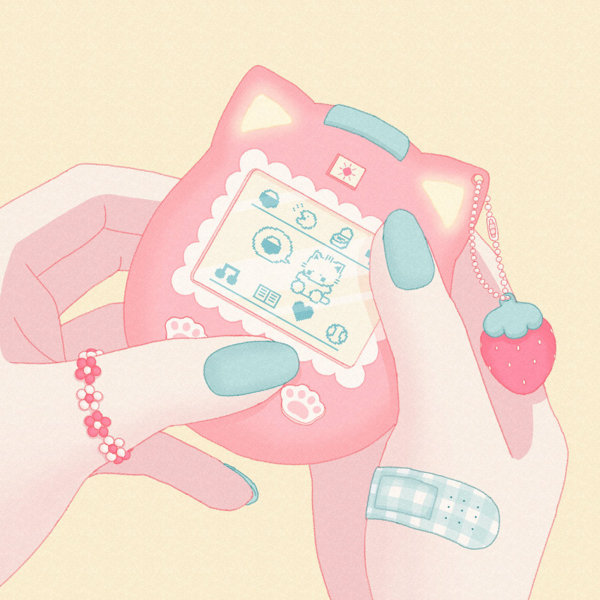 1girl bandaid bandaid_on_hand blue_nails charm_(object) commentary fingernails flower_ring food fruit heart highres holding jewelry musical_note nail_polish nekomaru0817 original pastel_colors paw_print pov pov_hands ring simple_background solo speech_bubble strawberry symbol-only_commentary tamagotchi thumb_ring yellow_background