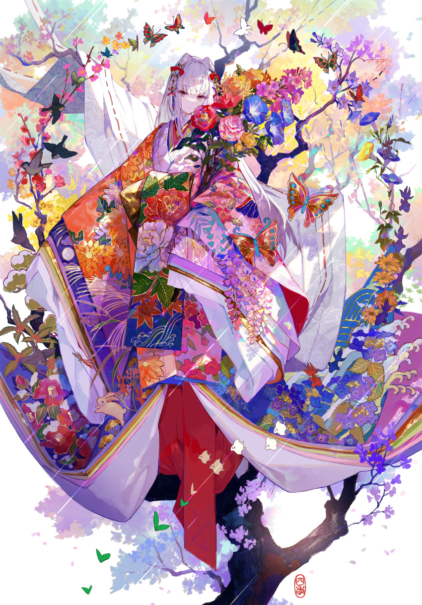 1girl absurdres bird bug butterfly floral_print flower fuzichoco hair_ornament highres japanese_clothes kimono layered_clothes layered_kimono long_hair looking_at_viewer obi original red_eyes sash solo tree white_hair