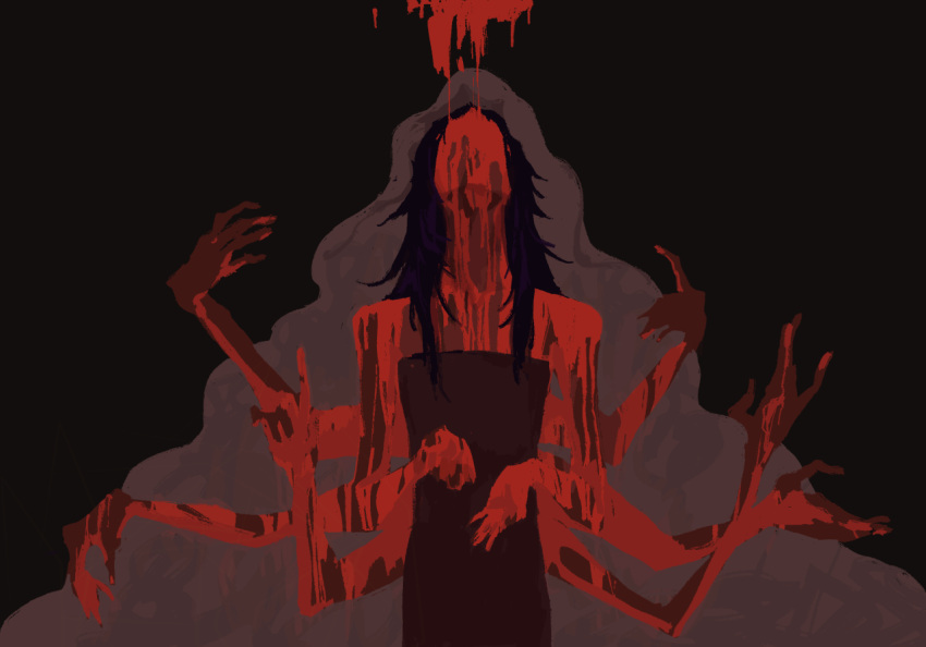 1girl abstract_background bare_shoulders black_hair blood blood_on_face chinese_commentary commentary_request dark dress evernight_goddess extra_arms ganle370 long_hair looking_up lord_of_the_mysteries red_dress red_theme solo