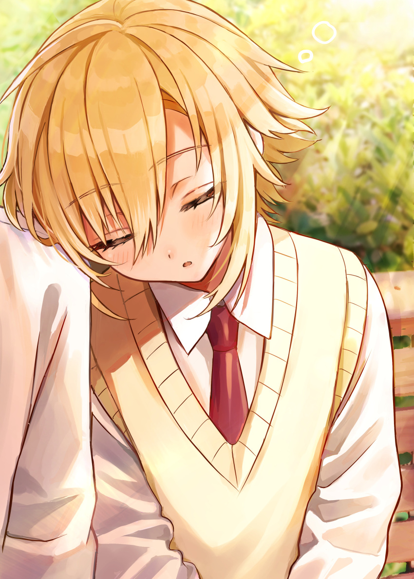 2boys absurdres bench blonde_hair closed_eyes collared_shirt frozen_yakan highres long_sleeves male_focus multiple_boys necktie nijisanji park_bench red_necktie school_uniform shirt short_hair sleeping sleeping_on_person solo_focus tree uzuki_kou vest virtual_youtuber white_shirt yellow_vest