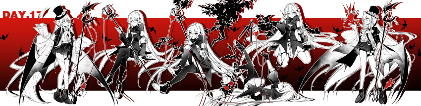 1girl :d absurdly_long_hair absurdres arknights bat_(animal) bat_wings belt_buckle blood blood_bag branch buckle flower frilled_shirt frills fy_fei_xiao_ya gloves gradient_background hand_on_own_knee highres holding holding_paper holding_staff holding_syringe invisible_chair leg_up long_hair looking_at_viewer lying multiple_views o-ring o-ring_thigh_strap on_back on_floor paper red_background rose shirt shoes silhouette simple_background sitting skirt smile sneakers spot_color staff standing syringe thigh-highs thigh_strap very_long_hair vial warfarin_(arknights) warfarin_(the_feast)_(arknights) wariza white_background wings