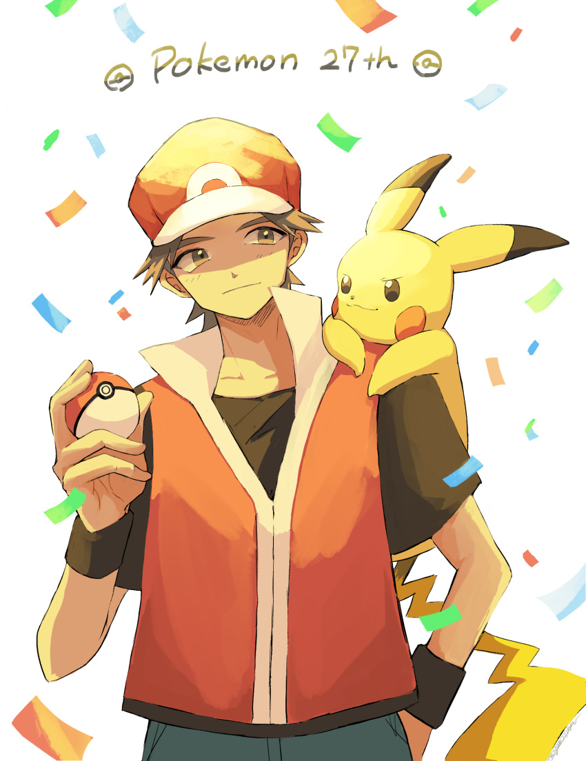 1boy anniversary baseball_cap black_eyes black_shirt brown_eyes brown_hair collarbone confetti ha01ru28 hat highres holding holding_poke_ball jacket on_shoulder pants pikachu poke_ball poke_ball_(basic) pokemon pokemon_(creature) pokemon_on_shoulder popped_collar red_(pokemon) red_headwear red_jacket shaded_face shirt short_hair spiky_hair v-shaped_eyebrows wristband