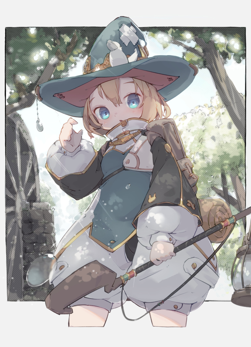 1girl absurdres backpack bag bangs bedroll blonde_hair blue_eyes blue_headwear cowboy_shot cropped_legs dappled_sunlight day fantasy hand_up hat hat_ornament highres holding lantern long_sleeves looking_at_viewer medium_hair nep_(nep_76) open_mouth original outdoors solo sparkle sunlight tree wide_sleeves witch_hat