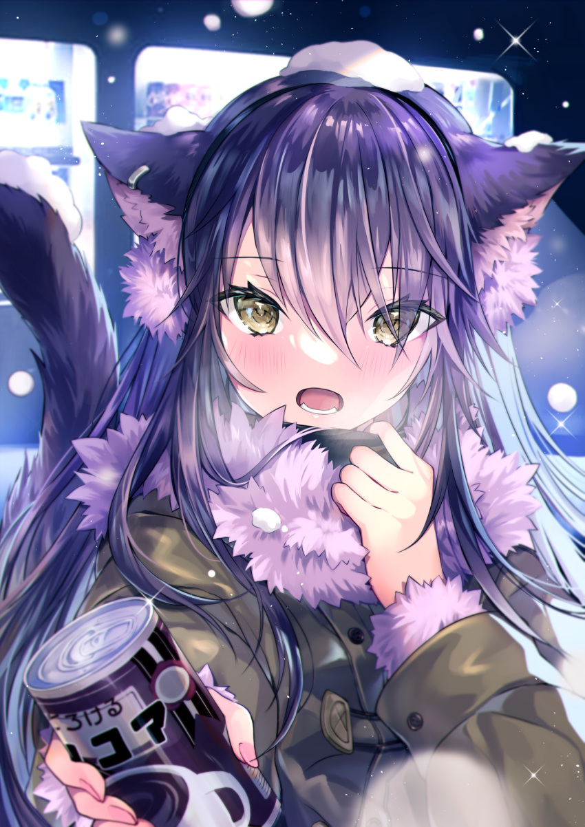 07touka25 1girl animal_ears black_hair breath brown_coat can cat_ears cat_girl cat_tail coat earmuffs earrings fur_collar giving gradient_hair highres hot_chocolate long_hair long_sleeves looking_at_viewer multicolored_hair open_mouth original pink_hair snow snow_on_head snowing tail yellow_eyes