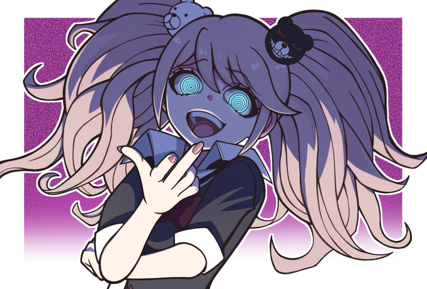 1girl @_@ bangs bear_hair_ornament black_bow black_shirt bow danganronpa:_trigger_happy_havoc danganronpa_(series) enoshima_junko gradient_background hair_ornament hand_up highres long_hair nail_polish open_mouth outline pink_background sgnj1838 shirt short_sleeves solo teeth tongue twintails upper_body upper_teeth_only white_outline
