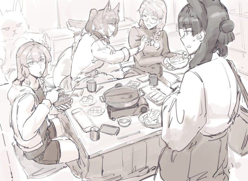 4girls absurdres animal_ears bag bowl can character_request chopsticks copyright_request cup dangodes food glasses handbag highres holding holding_bowl hood hoodie hotpot kotatsu multiple_girls nintendo_switch plate portable_stove shorts sitting soda_can soup stuffed_animal stuffed_rabbit stuffed_toy sweatdrop sweater table
