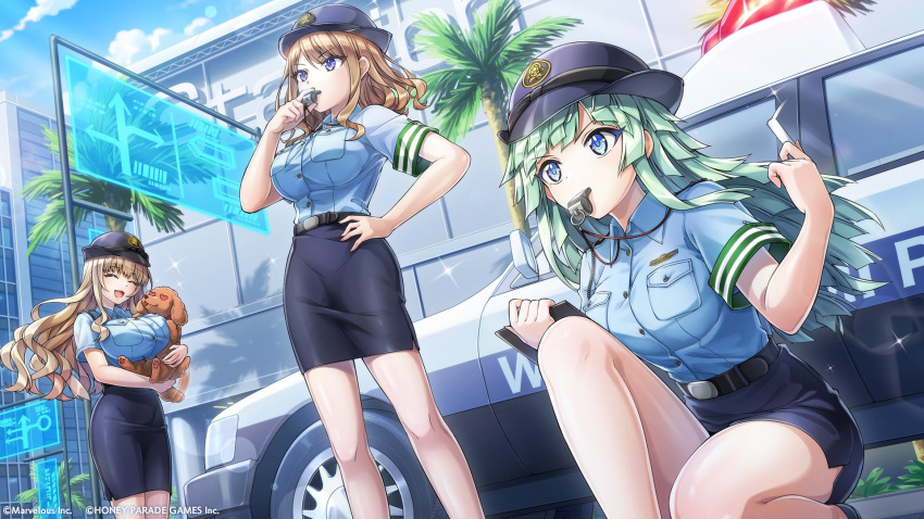 3girls animal belt blowing_whistle blue_eyes breasts car closed_eyes collared_shirt dog dolphin_wave green_hair hand_on_hip hat highres holding holding_animal holding_dog holding_whistle kirahoshi_kanna large_breasts light_brown_hair long_hair medium_breasts motor_vehicle multiple_girls official_art ootomo_takuji police police_car police_hat police_uniform policewoman selena_lewis shirt short_sleeves skirt suminoe_shion uniform violet_eyes wavy_hair whistle