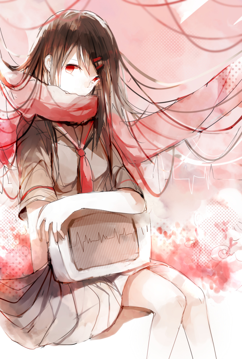 1girl bangs brown_hair cardiogram covered_mouth hair_ornament hairclip highres holding_television kagerou_project karino_xh limited_palette long_hair necktie pleated_skirt red_eyes red_theme scarf school_uniform serafuku short_sleeves sitting sketch skirt solo tateyama_ayano television