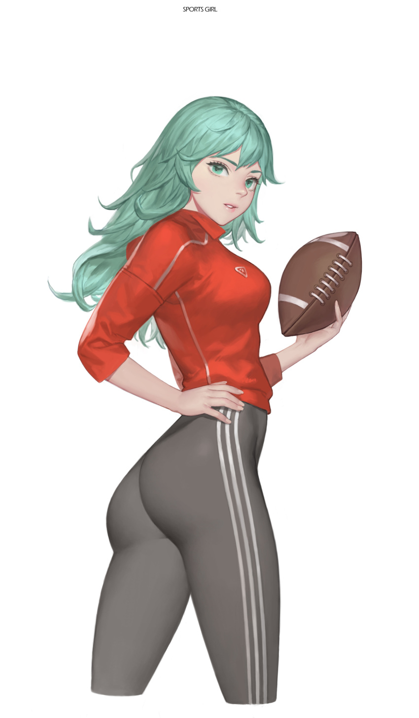 1girl absurdres american_football_(object) ass ball breasts green_eyes green_hair grey_pants hand_on_hip highres holding holding_ball ki_min-woo leggings medium_breasts original pants parted_lips red_shirt rugby_ball shirt simple_background skin_tight sportswear striped vertical_stripes yoga_pants