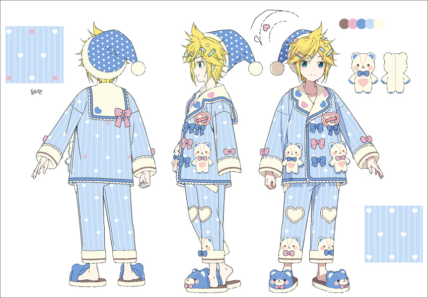 1boy animal_slippers bear_slippers blonde_hair blue_background blue_eyes blue_footwear blue_headwear blue_jacket blue_pants closed_mouth color_guide hair_ornament hairclip hakusai_(tiahszld) hat heart highres jacket kagamine_len male_focus multiple_views nightcap pants parted_bangs polka_dot_headwear profile project_sekai simple_background slippers smile stuffed_animal stuffed_toy teddy_bear vocaloid