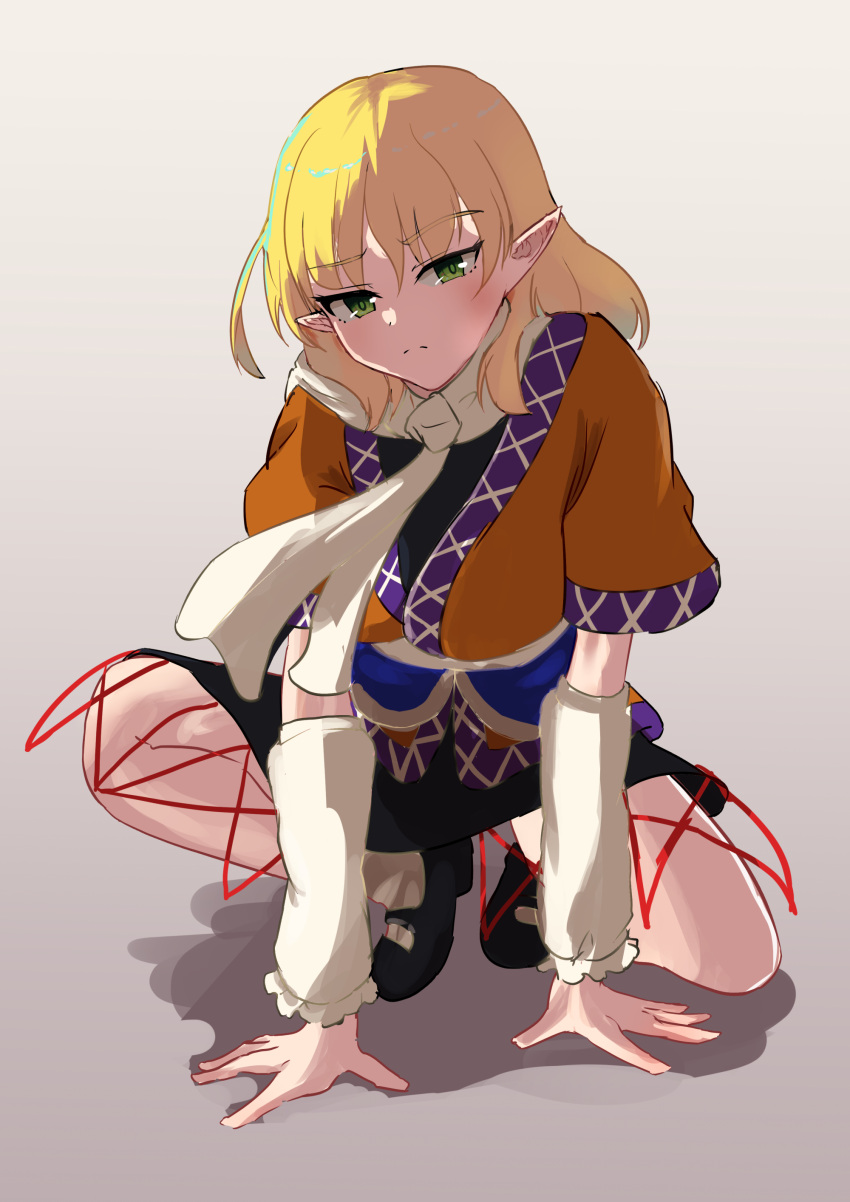1girl absurdres arm_support arm_warmers bangs black_footwear blonde_hair frown full_body green_eyes grey_background highres jody_know-grow-help medium_hair mizuhashi_parsee pointy_ears scarf shirt short_hair simple_background skirt solo touhou