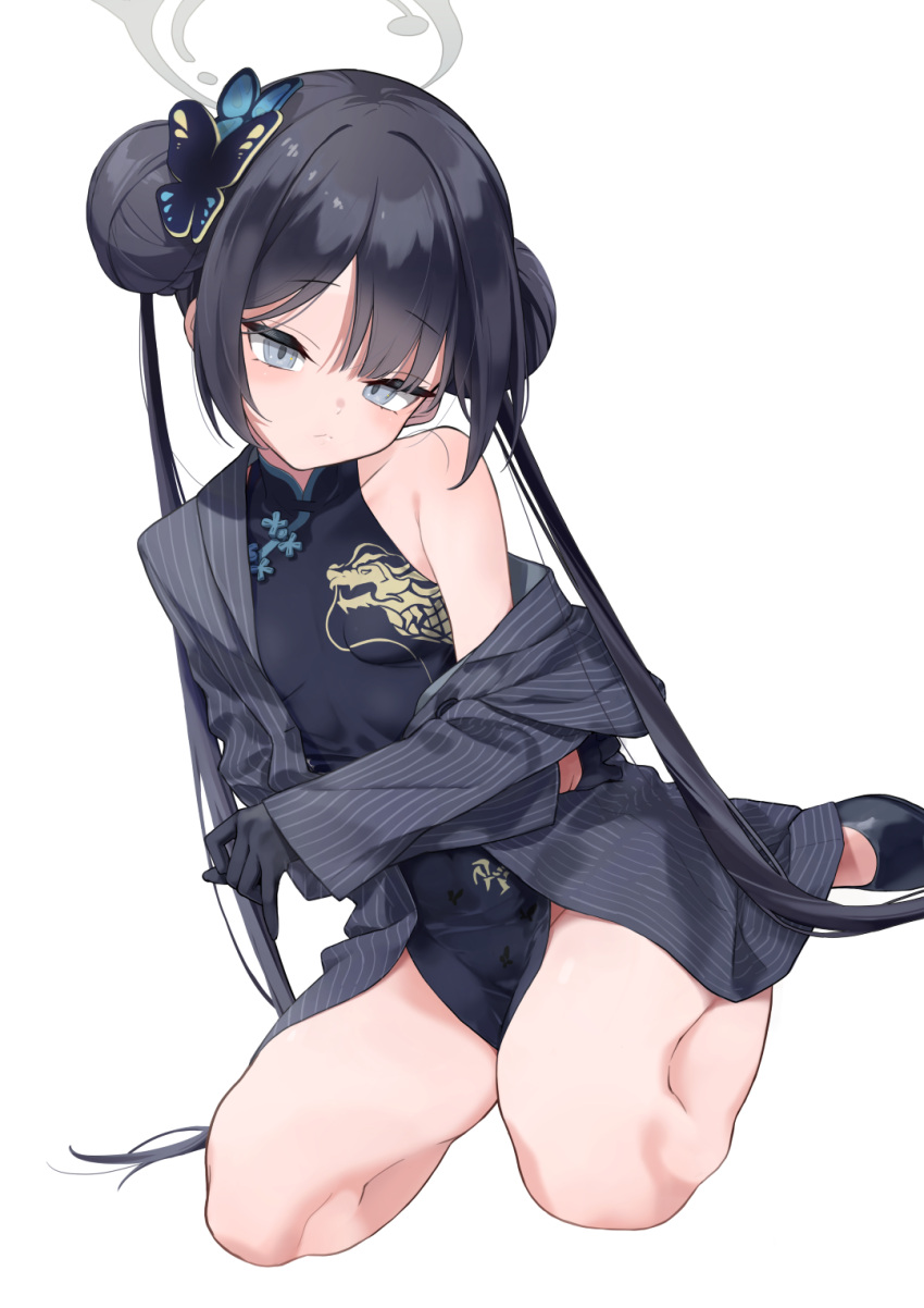 1girl black_dress black_footwear black_gloves black_hair blue_archive breasts china_dress chinese_clothes double_bun dress gloves grey_eyes grey_jacket hair_bun halo highres jacket kisaki_(blue_archive) looking_at_viewer sitting small_breasts solo striped striped_jacket twintails yoshida_pino