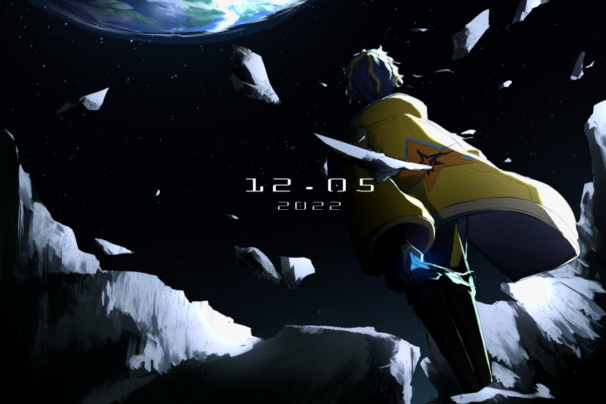 1boy akaie11 astel_leda black_footwear blonde_hair blue_bodysuit blue_hair bodysuit boots dated debris earth_(planet) facing_away feet_out_of_frame from_behind highres holding holding_cloth holostars jacket male_focus multicolored_hair planet rock short_hair sky solo space standing star_(sky) starry_sky streaked_hair thigh_boots virtual_youtuber wavy_hair yellow_jacket