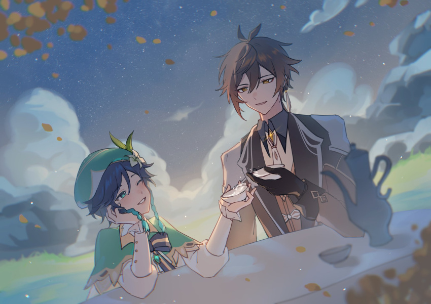 2boys antenna_hair bangs beret black_gloves blush bow braid brooch cape cecilia_flower_(genshin_impact) choko_(cup) collared_cape commentary cup earrings falling_leaves flower genshin_impact gloves gradient_hair green_cape green_headwear hair_between_eyes hanayu_aa hat hat_flower highres jewelry juliet_sleeves leaf long_sleeves looking_at_another multicolored_hair multiple_boys necktie one_eye_closed open_mouth orange_eyes puffy_sleeves red_eyeliner side_braids single_earring smile striped striped_bow table tassel tassel_earrings twin_braids venti_(genshin_impact) white_necktie zhongli_(genshin_impact)