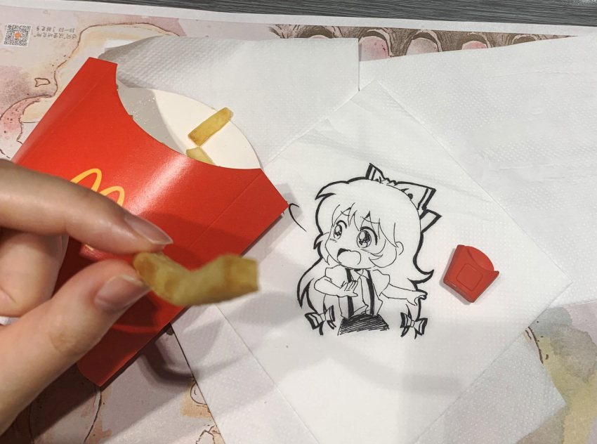 1girl arms_up blush bow collared_shirt commentary food french_fries fujiwara_no_mokou hair_bow highres jokanhiyou long_hair mcdonald's napkin no_nose open_mouth photo_(medium) puffy_short_sleeves puffy_sleeves shirt short_sleeves sketch solo suspenders symbol-only_commentary touhou traditional_media unconventional_media