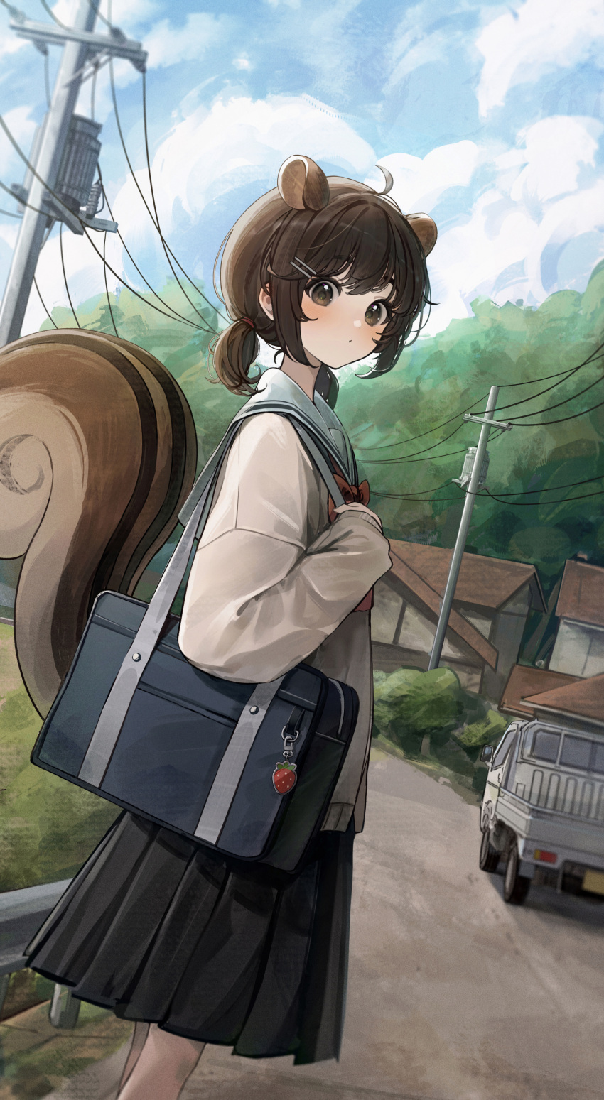 1girl absurdres ahoge animal_ears bag black_skirt blue_bag blue_sky blush brown_eyes brown_hair commentary cowboy_shot day extra_ears hair_ornament hairclip highres long_sleeves looking_at_viewer lunia original outdoors pleated_skirt power_lines school_uniform shirt short_hair short_twintails shoulder_bag skirt sky solo squirrel_ears squirrel_girl squirrel_tail symbol-only_commentary tail transformer tree twintails utility_pole white_shirt