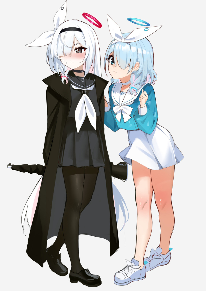 2girls a.r.o.n.a_(blue_archive) arona_(blue_archive) black_choker black_coat black_eyes black_footwear black_hairband black_pantyhose black_sailor_collar black_serafuku black_skirt blue_archive blue_eyes blue_hair blue_serafuku blush bow bowtie braid choker coat colored_inner_hair hair_bow hair_over_one_eye hairband halo highres light_blue_hair long_hair medium_hair multicolored_hair multiple_girls neckerchief open_clothes open_coat pantyhose pink_hair pleated_skirt pout red_pupils sailor_collar school_uniform serafuku single_braid skirt stone_(ksorede) very_long_hair white_bow white_bowtie white_choker white_footwear white_hair white_neckerchief white_sailor_collar white_skirt