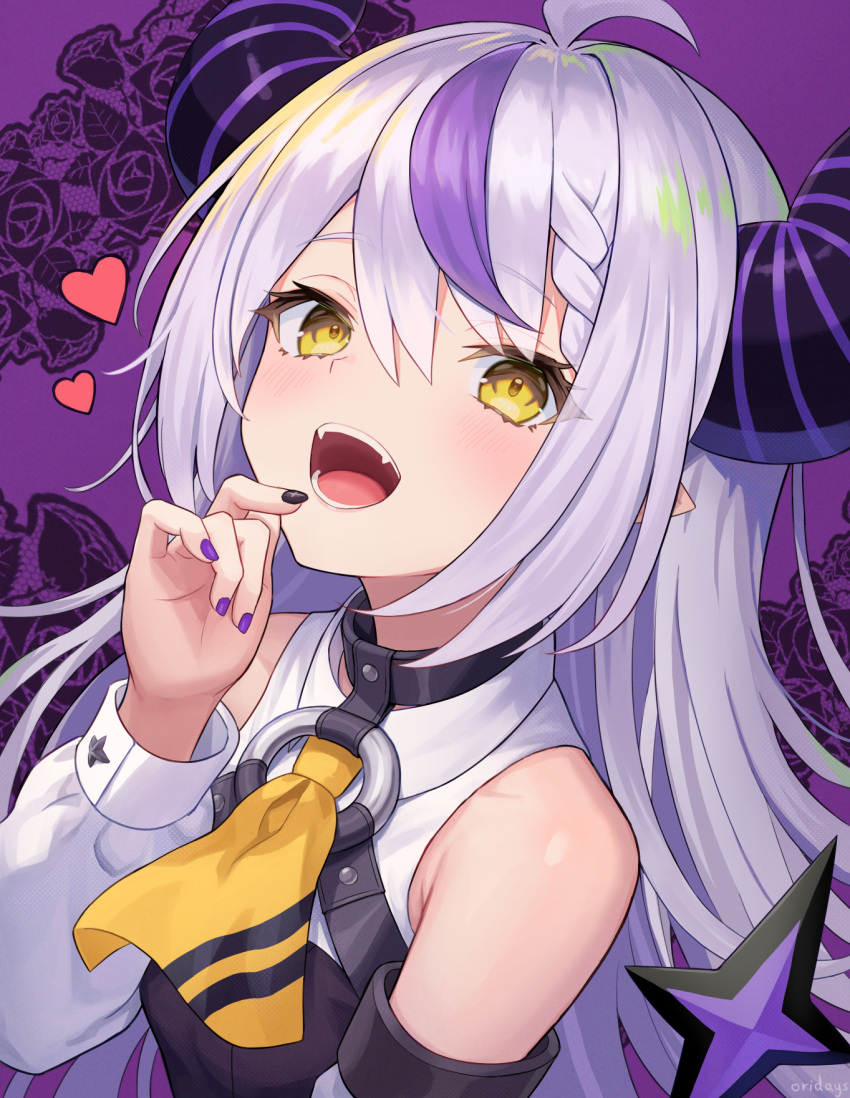 1girl ahoge artist_name ascot bare_shoulders black_nails braid demon_girl demon_horns detached_sleeves fangs grey_hair hair_between_eyes hand_to_own_mouth heart highres hololive horns la+_darknesss long_hair long_sleeves looking_at_viewer multicolored_hair multicolored_nails o-ring open_mouth oridays pointy_ears purple_hair purple_nails sidelocks smile solo streaked_hair striped_horns teeth upper_body virtual_youtuber yellow_ascot