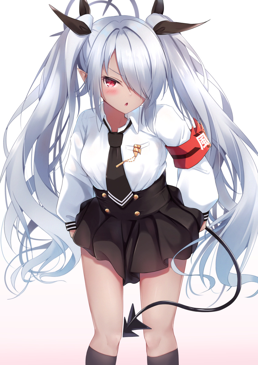 1girl absurdres adjusting_skirt armband bangs blue_archive collared_shirt commentary_request dark_skin demon_girl demon_tail grey_hair hair_over_one_eye hair_ribbon halo highres iori_(blue_archive) long_hair long_sleeves looking_at_viewer miso_(misomiso_154) necktie pleated_skirt red_eyes ribbon school_uniform sharp_teeth shirt sidelocks simple_background skirt solo tail teeth twintails white_background