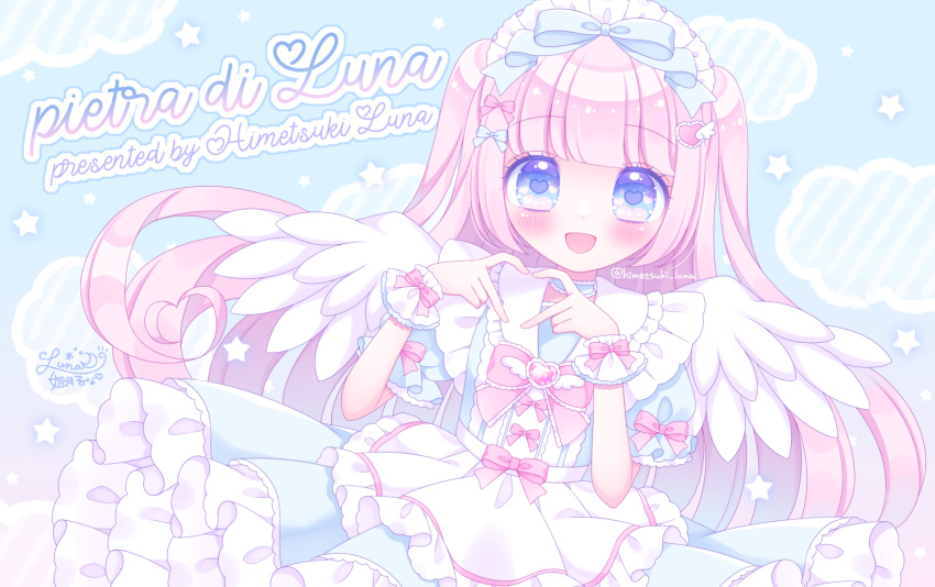 1girl :d apron artist_name blue_background blue_bow blue_dress blue_eyes blush bow collared_dress commentary_request dress feathered_wings frilled_apron frilled_shirt_collar frills hands_up heart heart-shaped_pupils heart_hands himetsuki_luna long_hair looking_at_viewer maid_headdress original pink_hair pleated_dress smile solo star_(symbol) symbol-shaped_pupils twitter_username two_side_up very_long_hair waist_apron white_apron white_wings wings wrist_cuffs