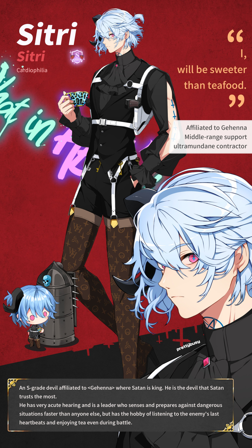 1boy absurdres bishounen blue_hair chibi cross-shaped_pupils highres looking_at_viewer male_focus multiple_views official_art red_eyes short_ponytail sitri_(what_in_hell_is_bad) solo symbol-shaped_pupils what_in_hell_is_bad