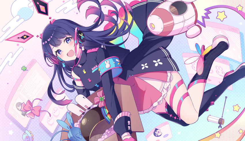1girl black_armband black_footwear black_hair black_jacket blue_eyes boots colored_tips dress headset highres jacket light_blue_background long_hair long_sleeves looking_at_viewer multicolored_background multicolored_hair nijisanji pink_dress pink_hair reimin smile solo star_(symbol) tsukino_mito virtual_youtuber white_background