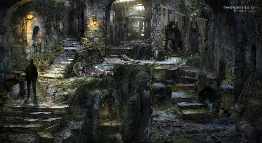 1other artist_name barrel bridge concept_art copyright_name dark_souls_(series) dark_souls_iii hallway highres jocus_wang lantern medieval rags silhouette solo stairs standing stepping_stones stone_building stone_floor stone_stairs stone_walkway third-party_source wagon_wheel