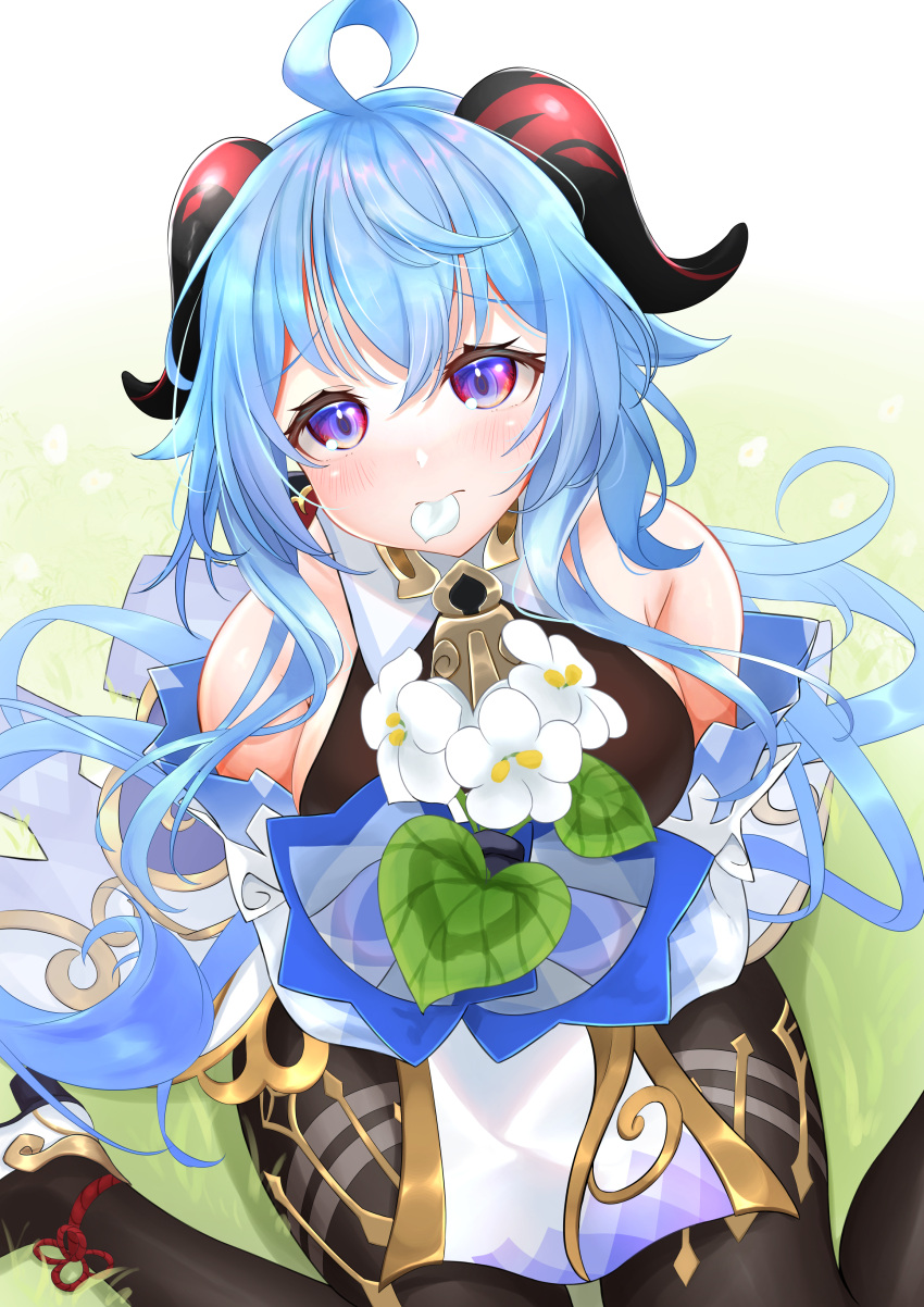 1girl absurdres ahoge bare_shoulders bell black_pantyhose blue_hair blush bow breasts detached_sleeves eating_flower flower ganyu_(genshin_impact) genshin_impact gold_trim highres holding holding_flower horns long_hair looking_at_viewer medium_breasts neck_bell pantyhose petals_in_mouth qingxin_flower sideboob sidelocks sitting solo thighlet tsuri_pi violet_eyes wariza white_flower white_sleeves