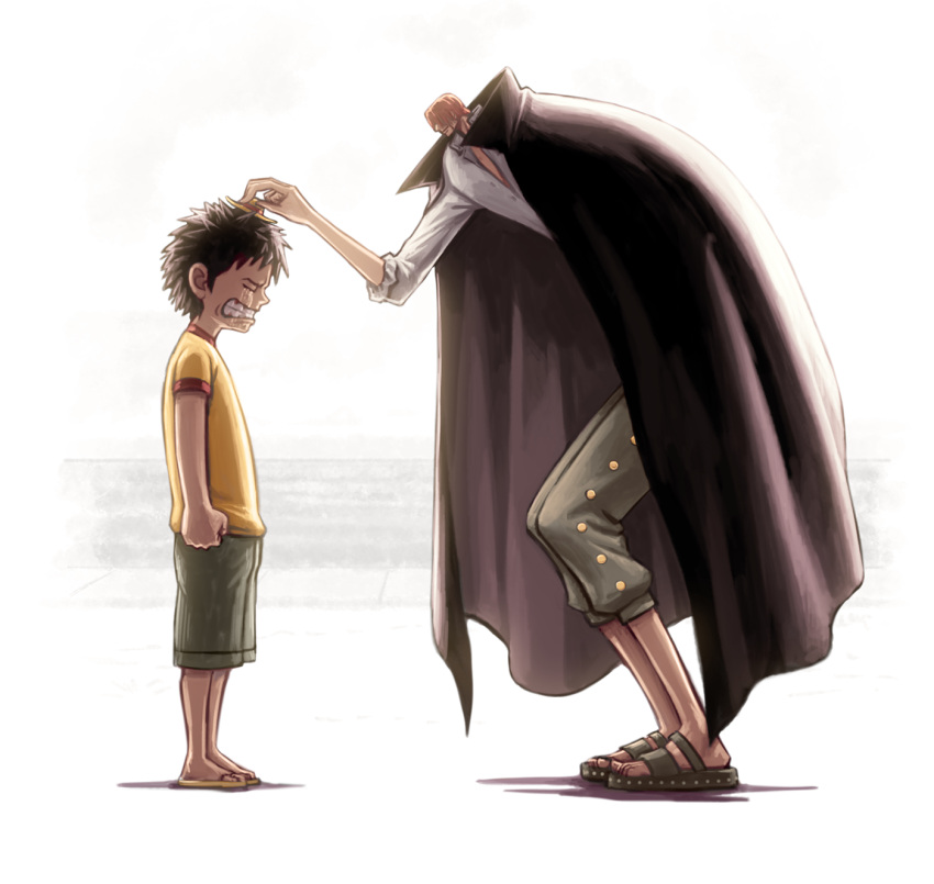 2boys anatomical_nonsense bad_proportions black_cape cape clenched_teeth crying from_side green_pants hat highres leaning_forward male_focus mini_hat monkey_d._luffy multiple_boys one_piece pants parody profile sakkan sandals shanks_(one_piece) shirt small_head smile straw_hat teeth white_shirt yellow_shirt