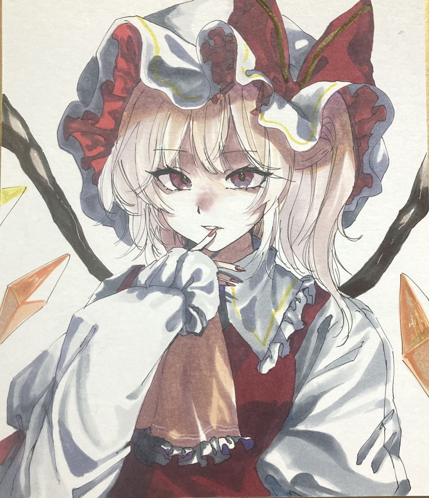 1girl absurdres bangs blonde_hair crystal embellished_costume flandre_scarlet hand_up hat highres mob_cap nail_polish one_side_up parted_lips red_nails short_hair sleeves_past_wrists solo t_terano touhou traditional_media upper_body vest white_headwear wings