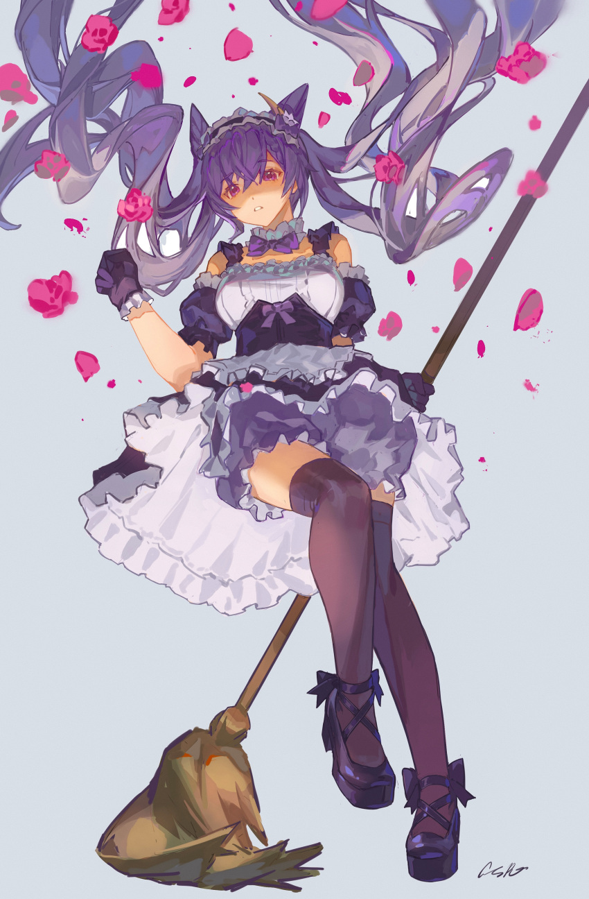 1girl absurdres alternate_costume apron bangs bow bowtie broom collar cone_hair_bun dress enmaided frilled_skirt frills full_body genshin_impact gloves hair_bun hand_up high_heels highres holding holding_broom keqing_(genshin_impact) legs long_hair looking_at_viewer maid maid_headdress parted_lips purple_bloomers purple_bow purple_bowtie purple_dress purple_footwear purple_gloves purple_hair purple_thighhighs rui_(gsr1982) short_sleeves signature skirt solo thigh-highs twintails very_long_hair violet_eyes white_apron white_collar