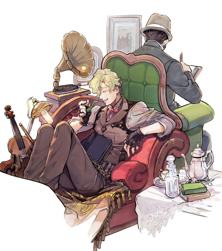 2boys absurdres ace_attorney black_gloves blonde_hair book bowler_hat brown_pants closed_eyes couch desk_lamp facing_away fingerless_gloves gloves grey_jacket hat herlock_sholmes highres holding holding_pen holding_smoking_pipe instrument jacket lamp long_sleeves male_focus multiple_boys on_couch open_book pants pen phonograph picture_frame short_hair sitting smile smoking_pipe tanaotanako teapot the_great_ace_attorney the_great_ace_attorney_2:_resolve vest violin writing yujin_mikotoba