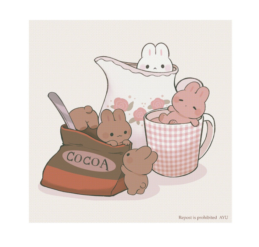 :&lt; :3 :o afloat artist_name ayu_(mog) bag blush blush_stickers border closed_eyes closed_mouth commentary_request cup grey_background in_bag in_container looking_at_another looking_at_viewer mug no_humans original outside_border pitcher_(container) rabbit simple_background smile solid_circle_eyes spoon standing watermark white_border