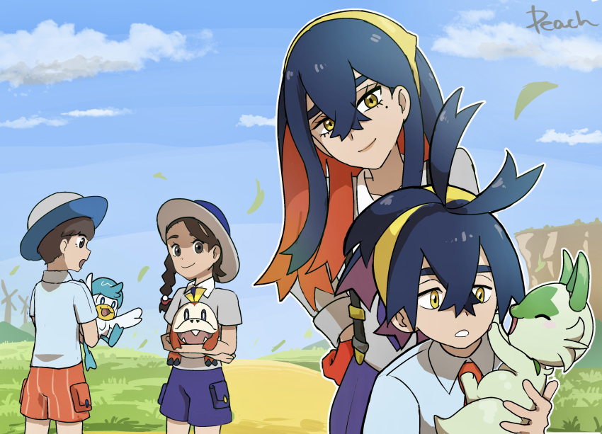 2boys 2girls absurdres bangs black_hair braid brown_eyes carmine_(pokemon) closed_mouth clouds collared_shirt commentary_request crossed_bangs day eyelashes falling_leaves florian_(pokemon) fuecoco hair_between_eyes hairband hat highres holding holding_pokemon juliana_(pokemon) kieran_(pokemon) leaf long_hair mole mole_under_eye multiple_boys multiple_girls orange_shorts outdoors p_0_a pokemon pokemon_(creature) pokemon_(game) pokemon_sv purple_shorts quaxly shirt short_sleeves shorts signature sky smile sprigatito standing yellow_eyes yellow_hairband