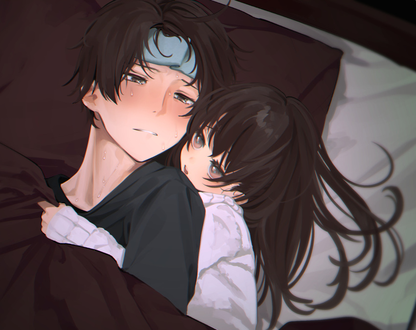 1boy 1girl bad_id bad_twitter_id black_hair black_shirt blush brother_and_sister brown_eyes fever highres honnryou_hanaru hug ice_pack long_hair looking_at_another lying messy_hair on_back on_bed open_mouth original parted_lips pillow ruri_honjou shirt siblings sick sleeves_past_wrists sweat sweater under_covers upper_body white_sweater