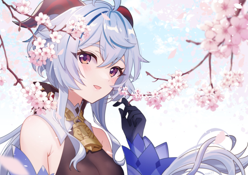1girl ahoge aonegi bangs bare_shoulders bell black_gloves blue_hair blush breasts cherry_blossoms detached_sleeves ganyu_(genshin_impact) genshin_impact gloves highres horns long_hair looking_at_viewer medium_breasts neck_bell open_mouth sidelocks smile solo upper_body violet_eyes