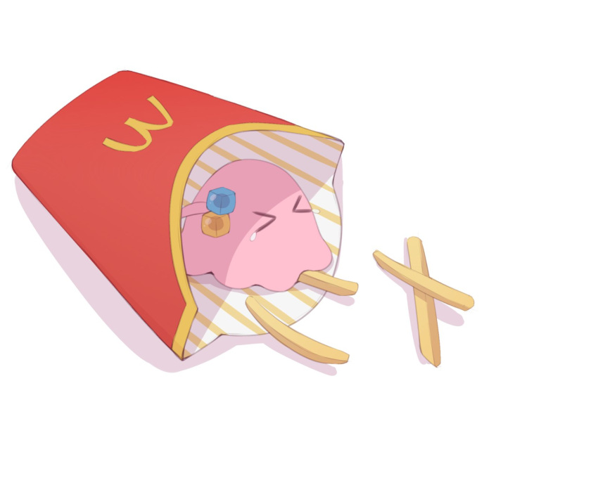 &gt;_&lt; 1girl bocchi_the_rock! closed_eyes crying cube_hair_ornament food french_fries gotou_hitori gotou_hitori_(octopus) hair_ornament highres mcdonald's one_side_up simple_background solo tears white_background yomogidx